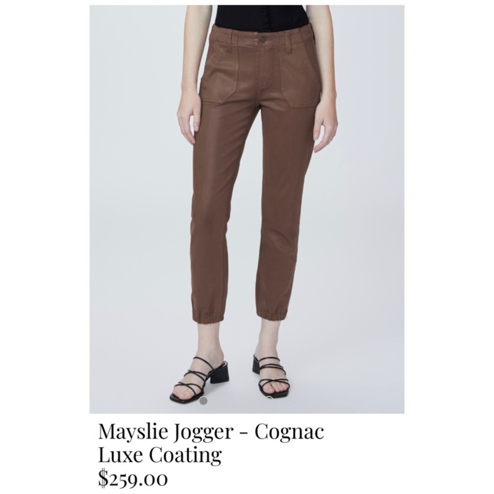 Faux leather/brown denim pant with zip at ankle